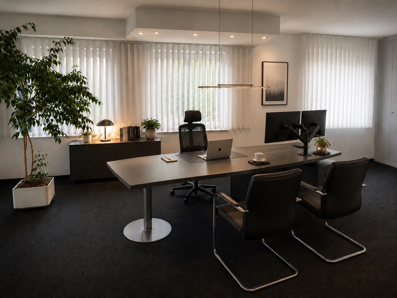 Beratungsbüro der Agentur mit Schreibtisch, Besucherstühlen und Pflanzen